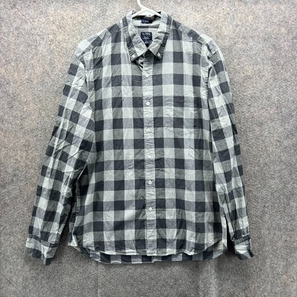 J Crew Shirt Men Large Gray Button Down Slim Flex Washed Fit Buffalo Plaid Check - Picture 1 of 12